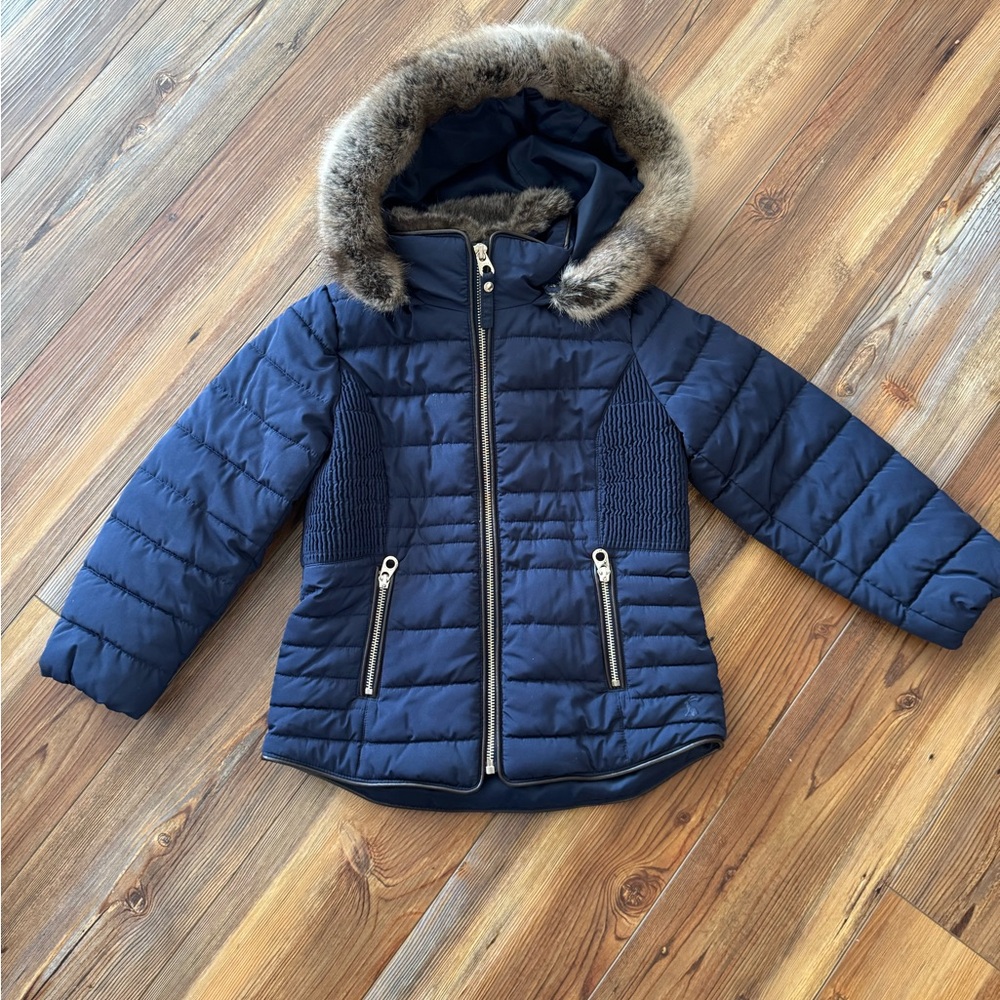 Joules Dark Blue Puffer Jacket with Faux Fur Trim